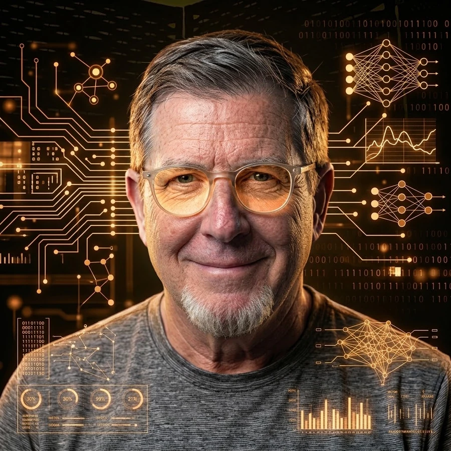 Portrait of Mike Hadaway against an illustrated background of circuit traces, neural-network diagrams, and binary data