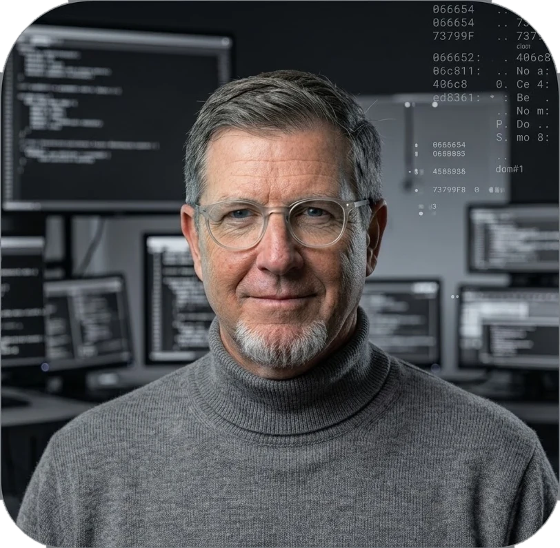 Mike Hadaway at a workstation surrounded by monitors displaying code