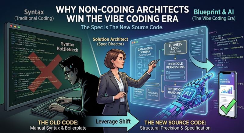 Split illustration contrasting two ways of building software. On the left, marked with a red X and labelled Syntax, traditional coding: a developer hunched over a screen of dense code, captioned Syntax Bottleneck. On the right, labelled Blueprint and AI, a solution architect stands at a bright panel directing a specification made of a data model schema, business logic workflow, user role permissions, and exception handling, which an AI hand assembles into a finished analytics dashboard marked with a green check. Across the bottom, an arrow labelled Leverage Shift runs from The Old Code, manual syntax and boilerplate, to The New Source Code, structural precision and specification.